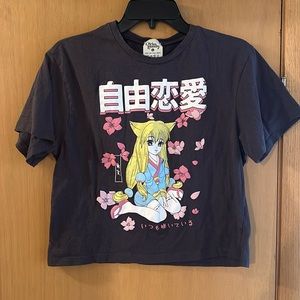 Dirtee Laundry Women’s Anime Cropped Short Sleeve Tee T-Shirt Size Large